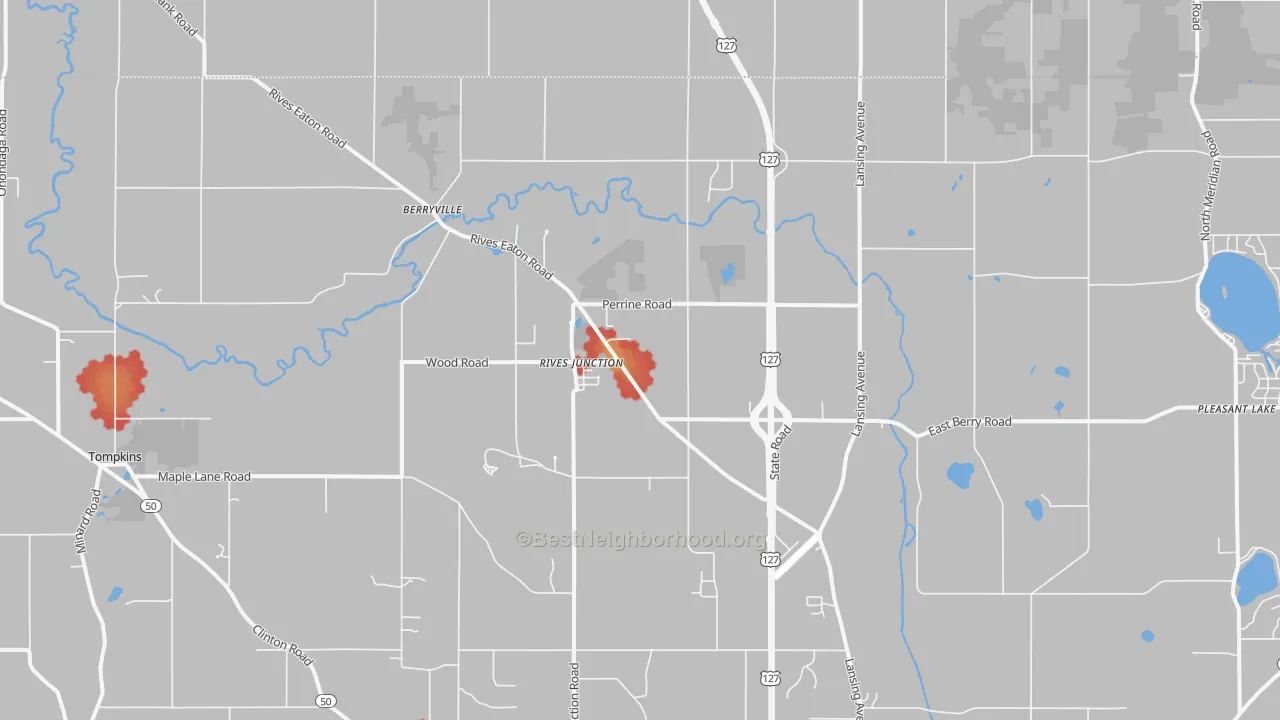 Walk Grade map of Rives Junction, MI, walkable areas in green and car-dependent areas in red