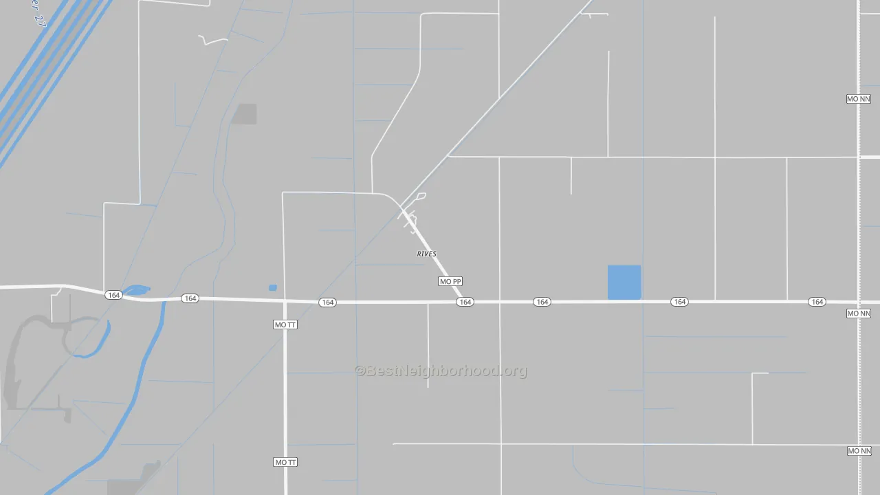 Walk Grade map of Rives, MO, walkable areas in green and car-dependent areas in red