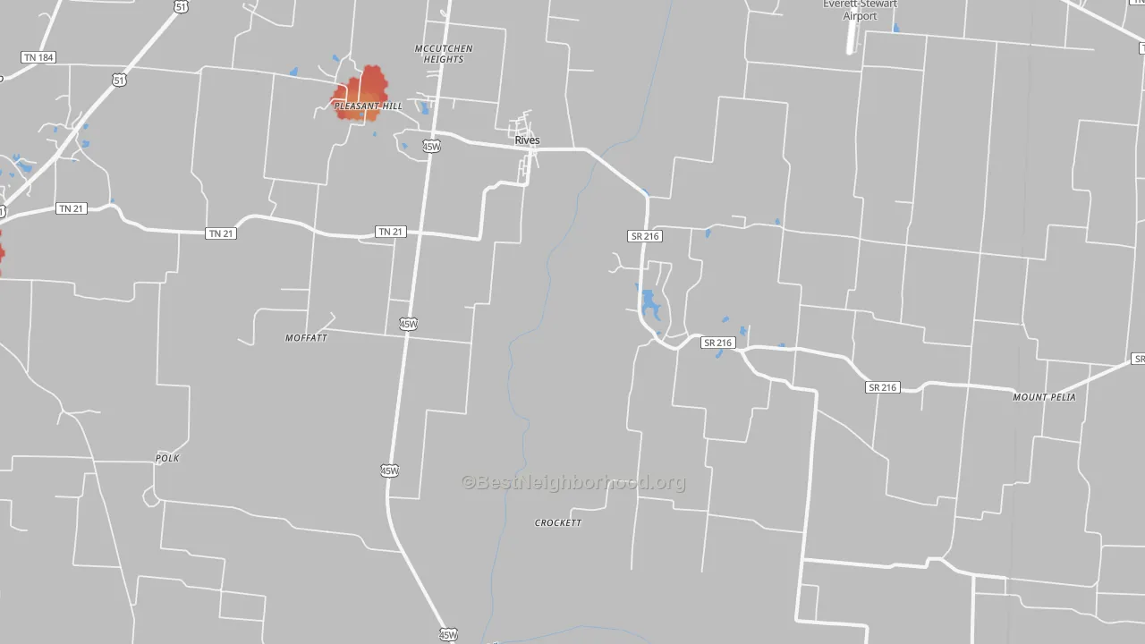Walk Grade map of Rives, TN, walkable areas in green and car-dependent areas in red