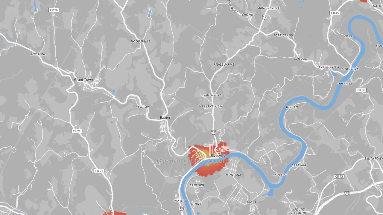 Walk Grade map of Rivesville, WV, walkable areas in green and car-dependent areas in red