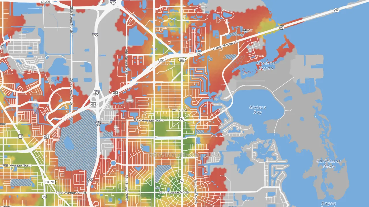 Walk Grade map of Riviera Bay, St. Petersburg, FL, walkable areas in green and car-dependent areas in red