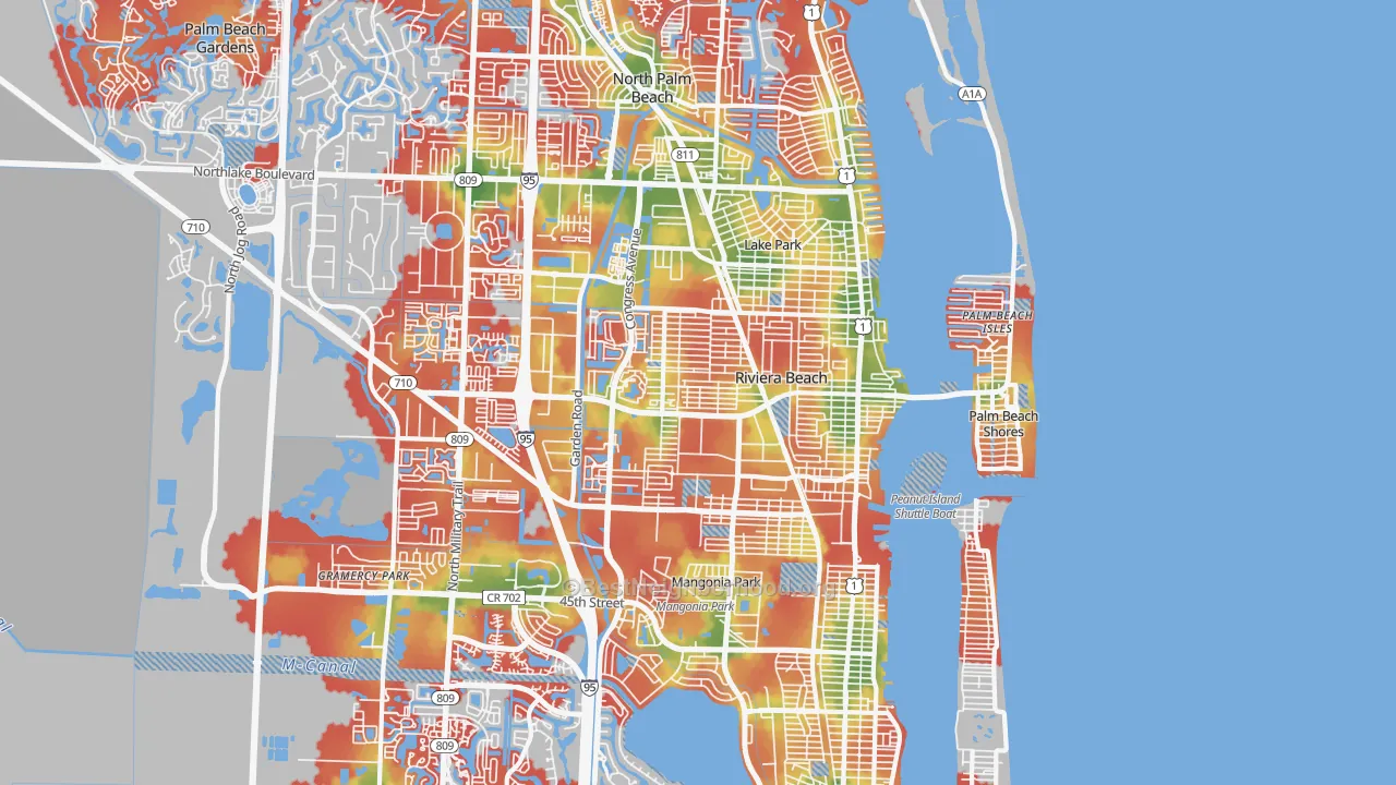 Walk Grade map of Riviera Beach, FL, walkable areas in green and car-dependent areas in red