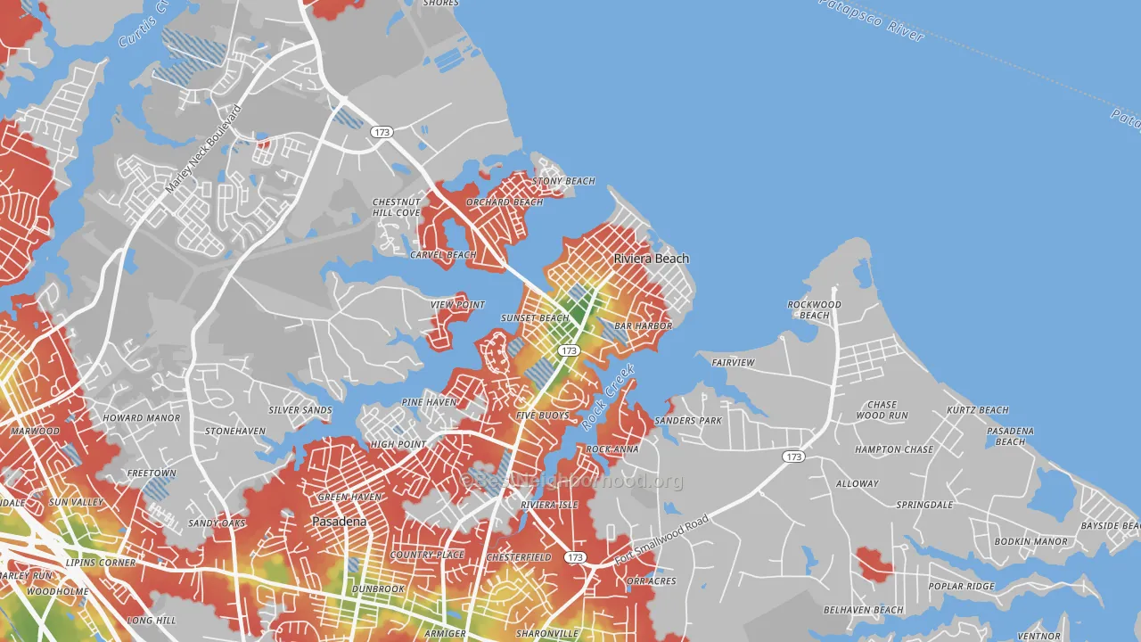 Walk Grade map of Riviera Beach, MD, walkable areas in green and car-dependent areas in red