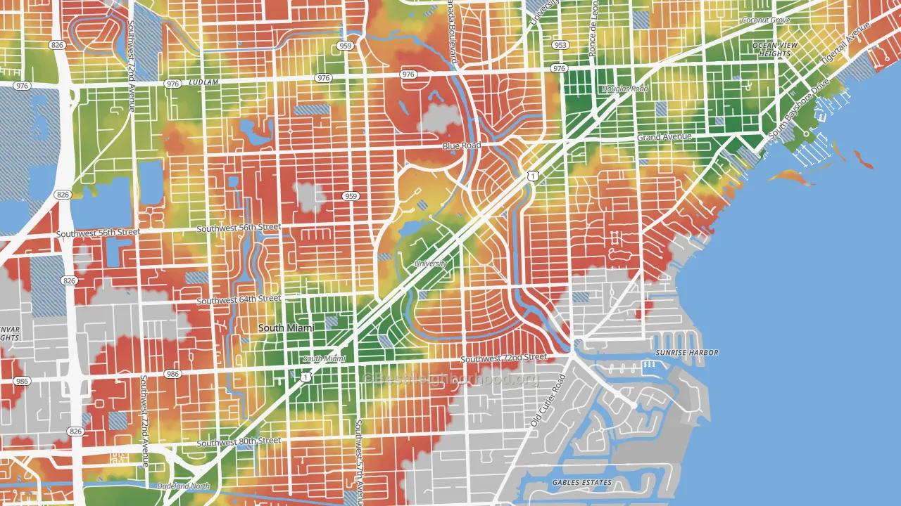 Walk Grade map of Riviera, Coral Gables, FL, walkable areas in green and car-dependent areas in red