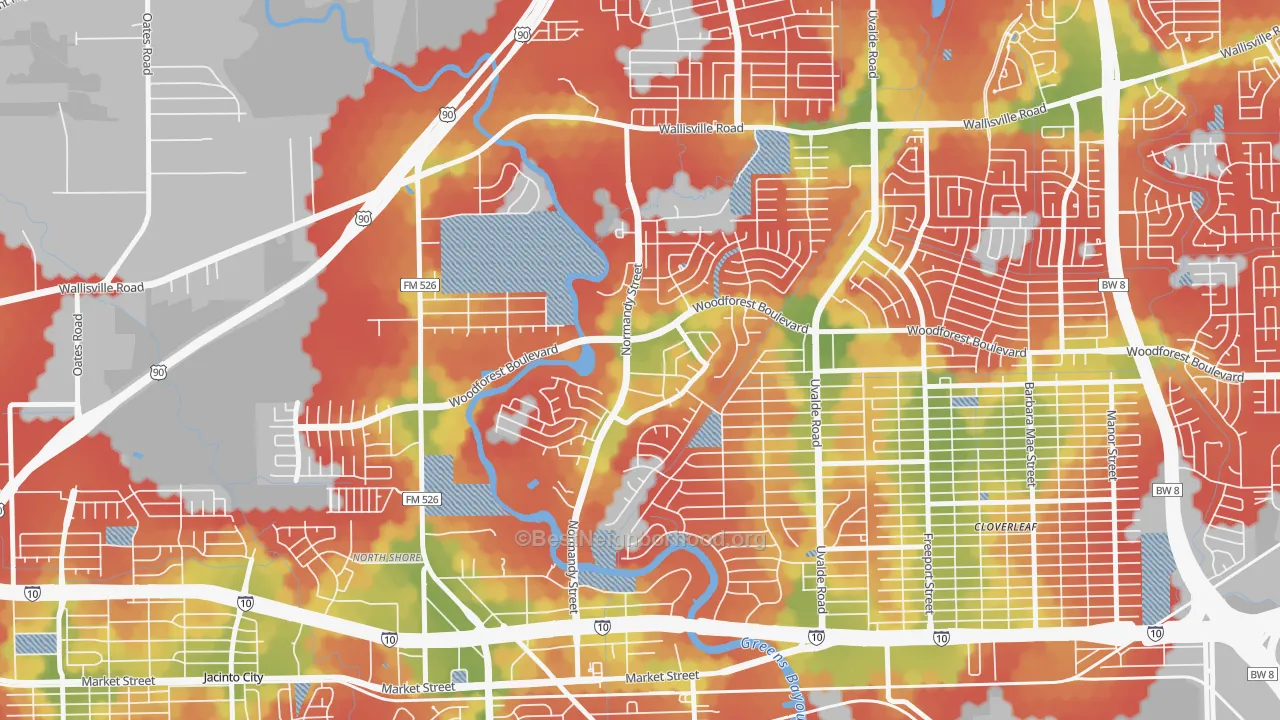 Walk Grade map of Riviera East, Houston, TX, walkable areas in green and car-dependent areas in red