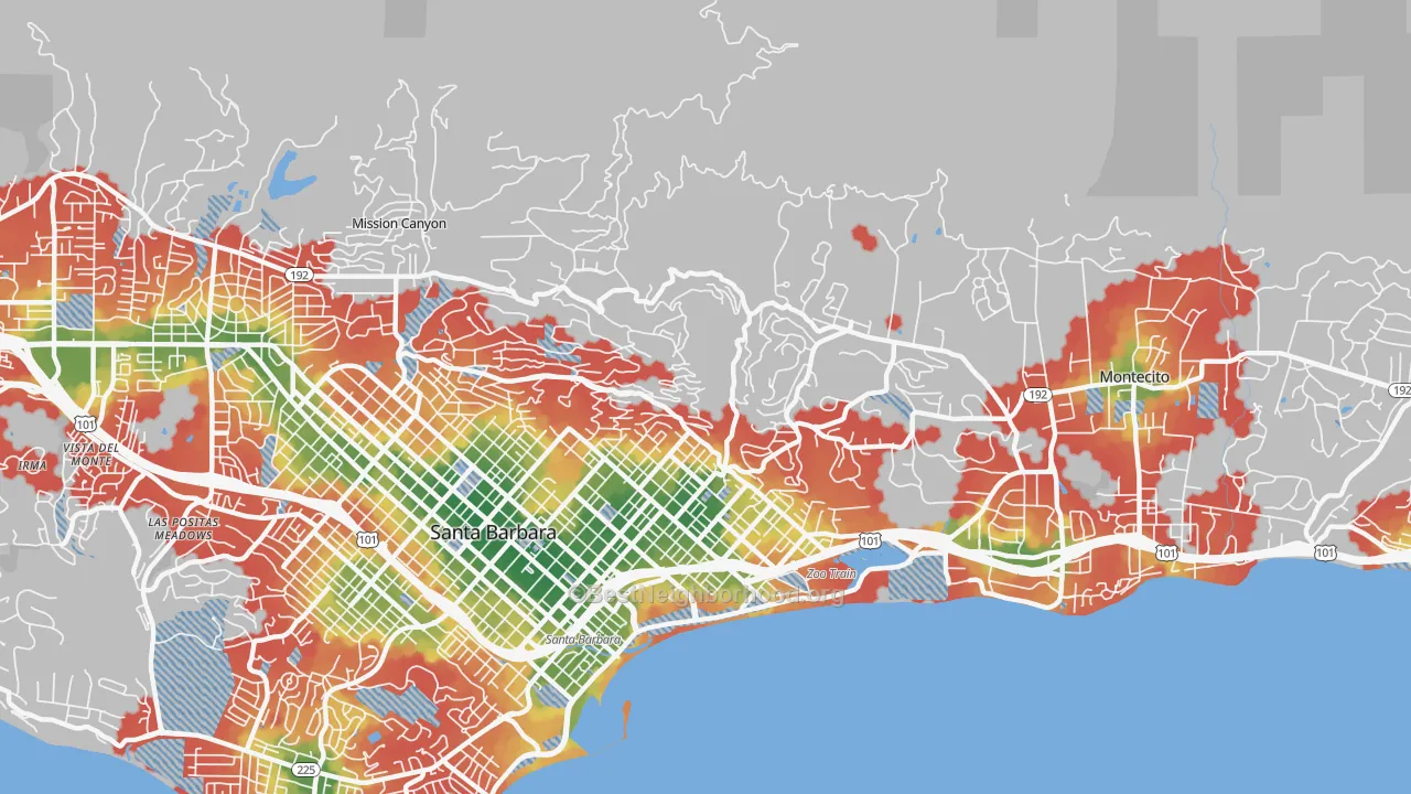 Walk Grade map of Riviera, Santa Barbara, CA, walkable areas in green and car-dependent areas in red
