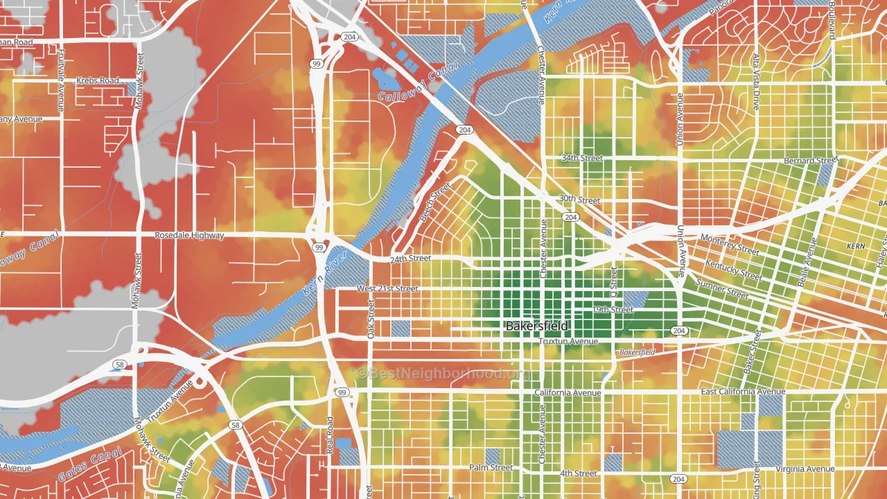 Walk Grade map of Riviera-Westchester, Bakersfield, CA, walkable areas in green and car-dependent areas in red