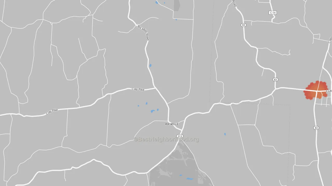 Walk Grade map of Rix Mills, OH, walkable areas in green and car-dependent areas in red