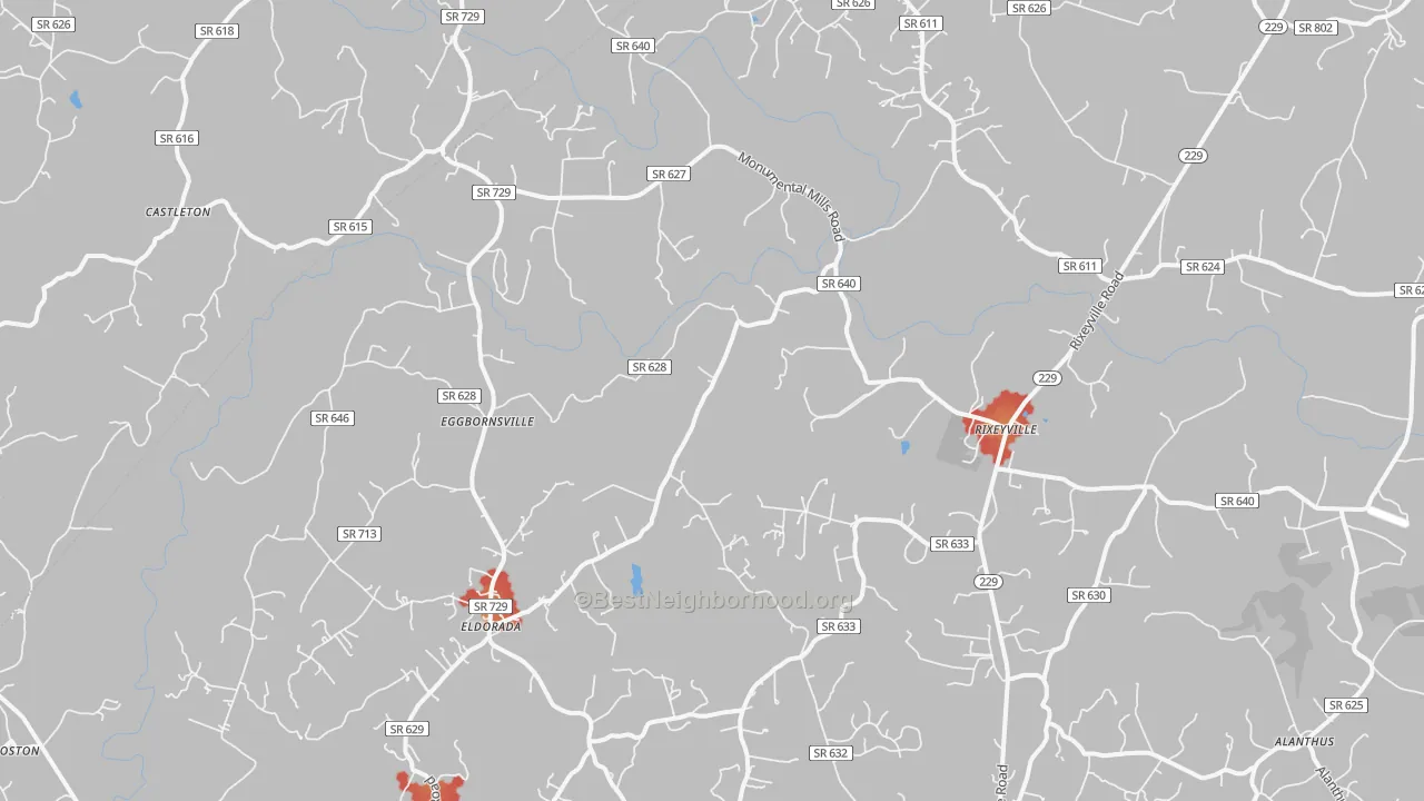 Walk Grade map of Rixeyville, VA, walkable areas in green and car-dependent areas in red