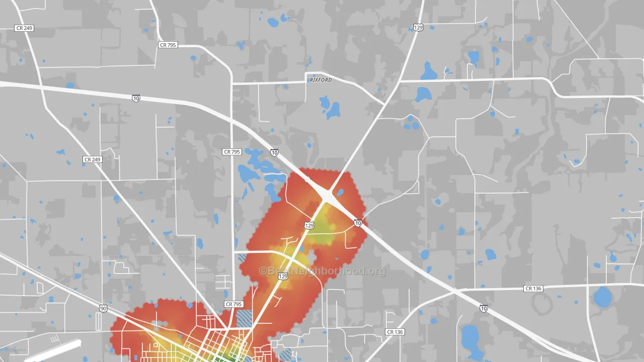 Walk Grade map of Rixford, FL, walkable areas in green and car-dependent areas in red
