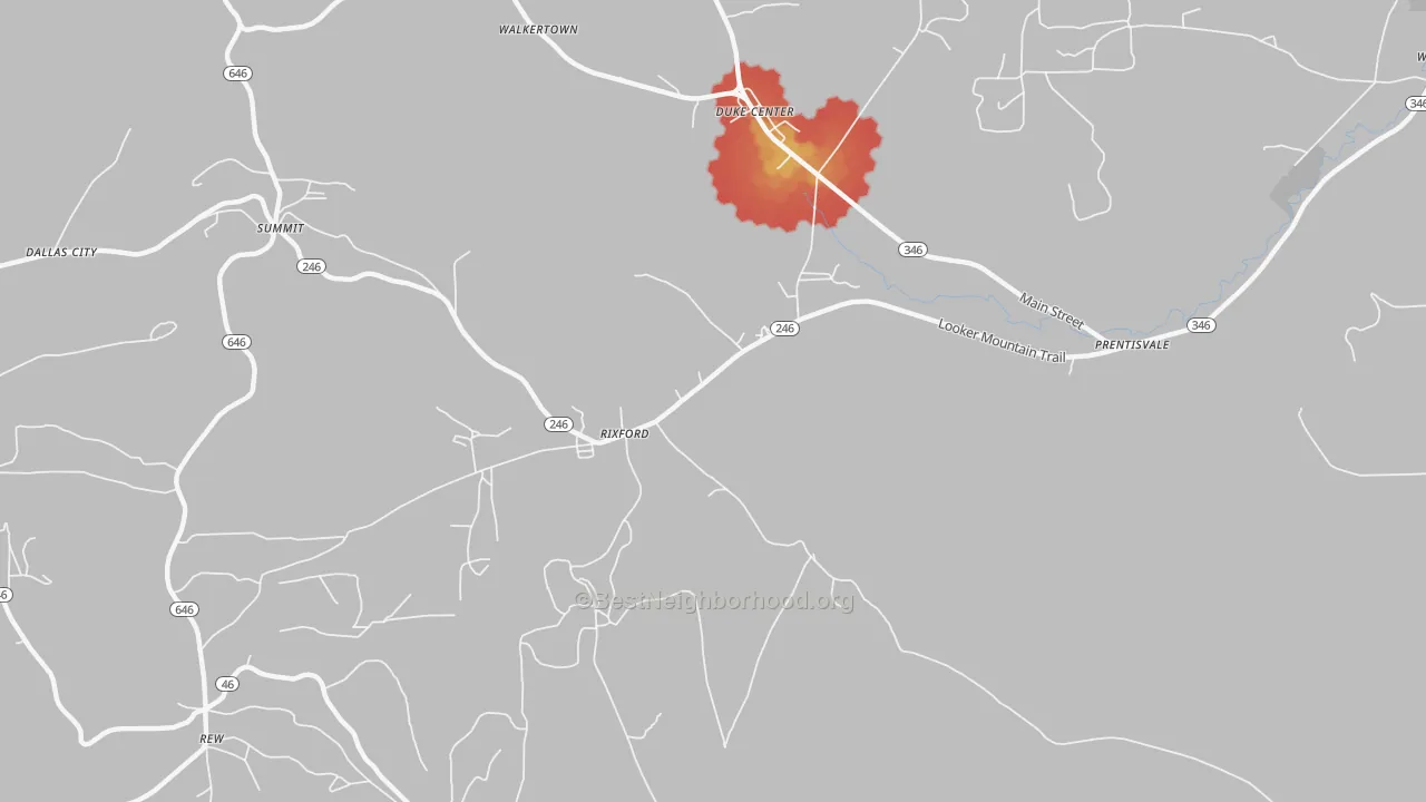 Walk Grade map of Rixford, PA, walkable areas in green and car-dependent areas in red