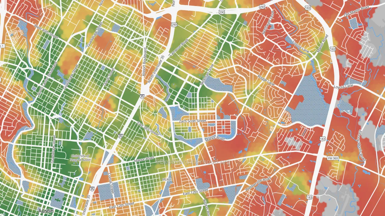 Walk Grade map of Rmma, Austin, TX, walkable areas in green and car-dependent areas in red
