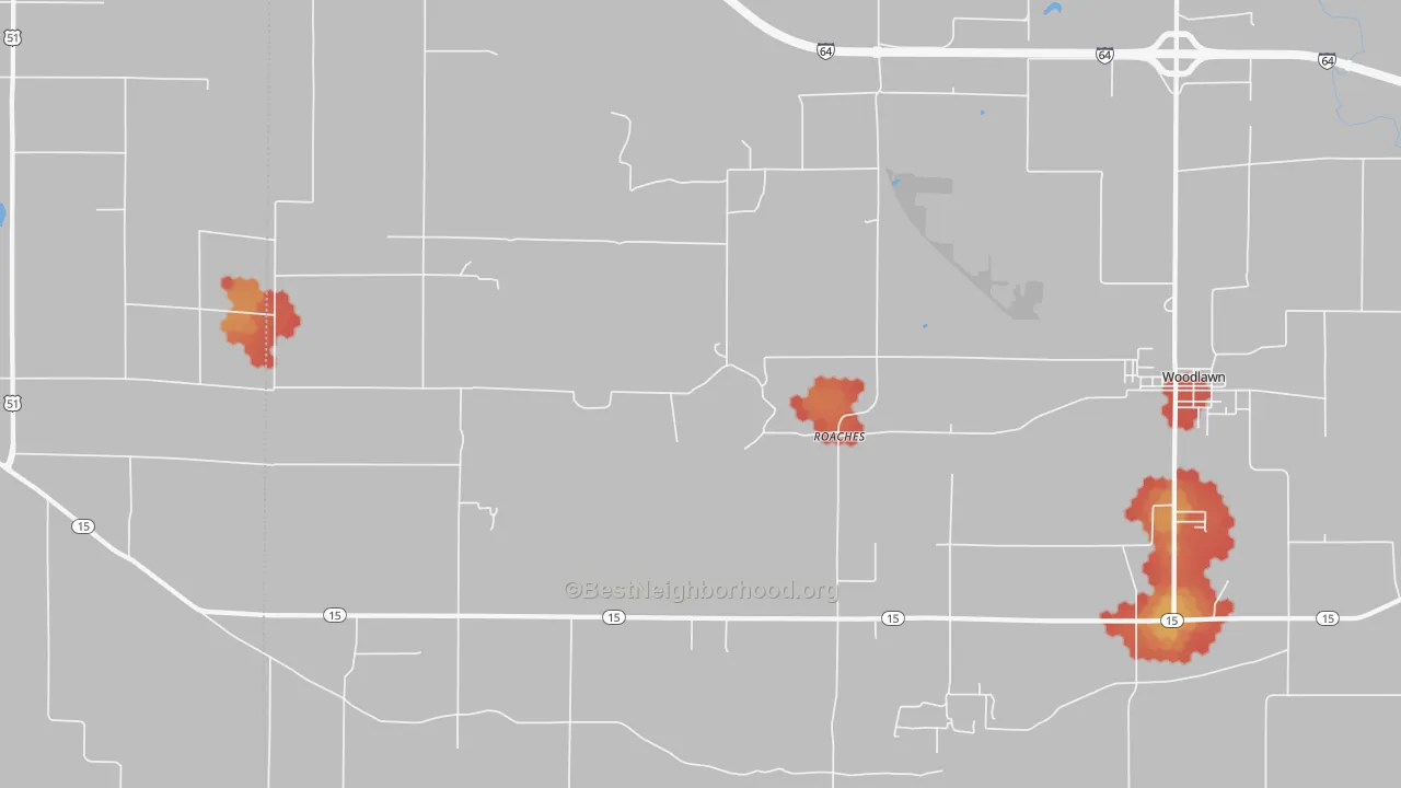 Walk Grade map of Roaches, IL, walkable areas in green and car-dependent areas in red