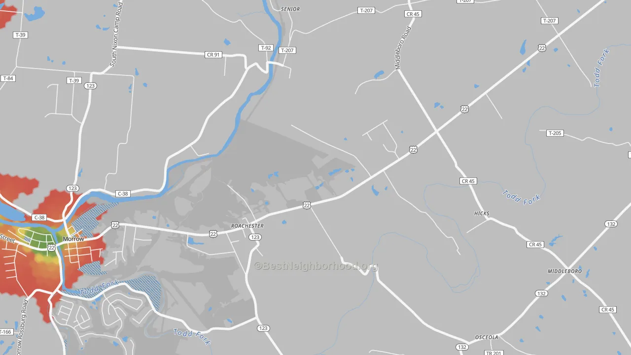 Walk Grade map of Roachester, OH, walkable areas in green and car-dependent areas in red