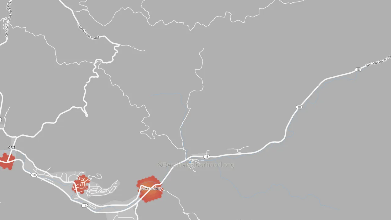 Walk Grade map of Roads End, OR, walkable areas in green and car-dependent areas in red