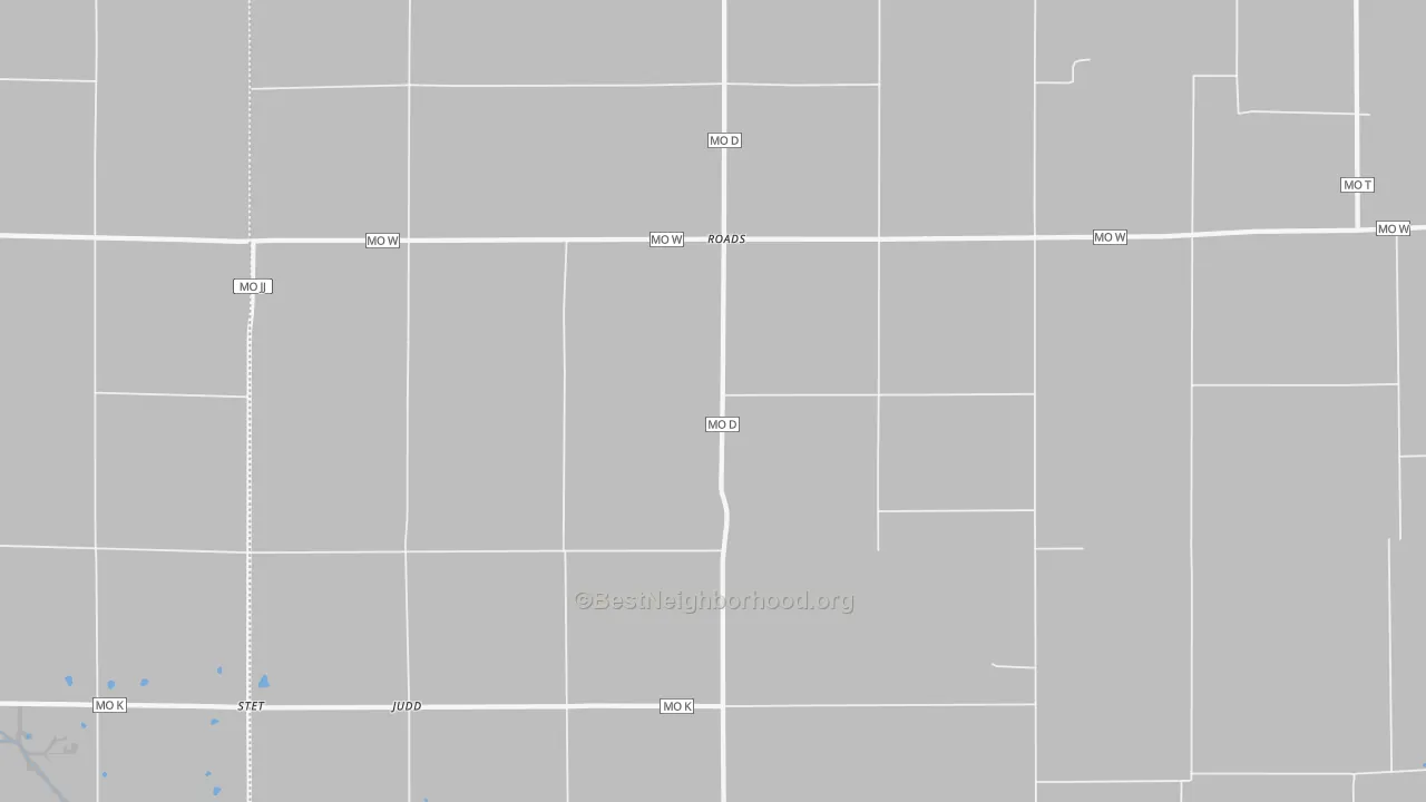 Walk Grade map of Roads, MO, walkable areas in green and car-dependent areas in red
