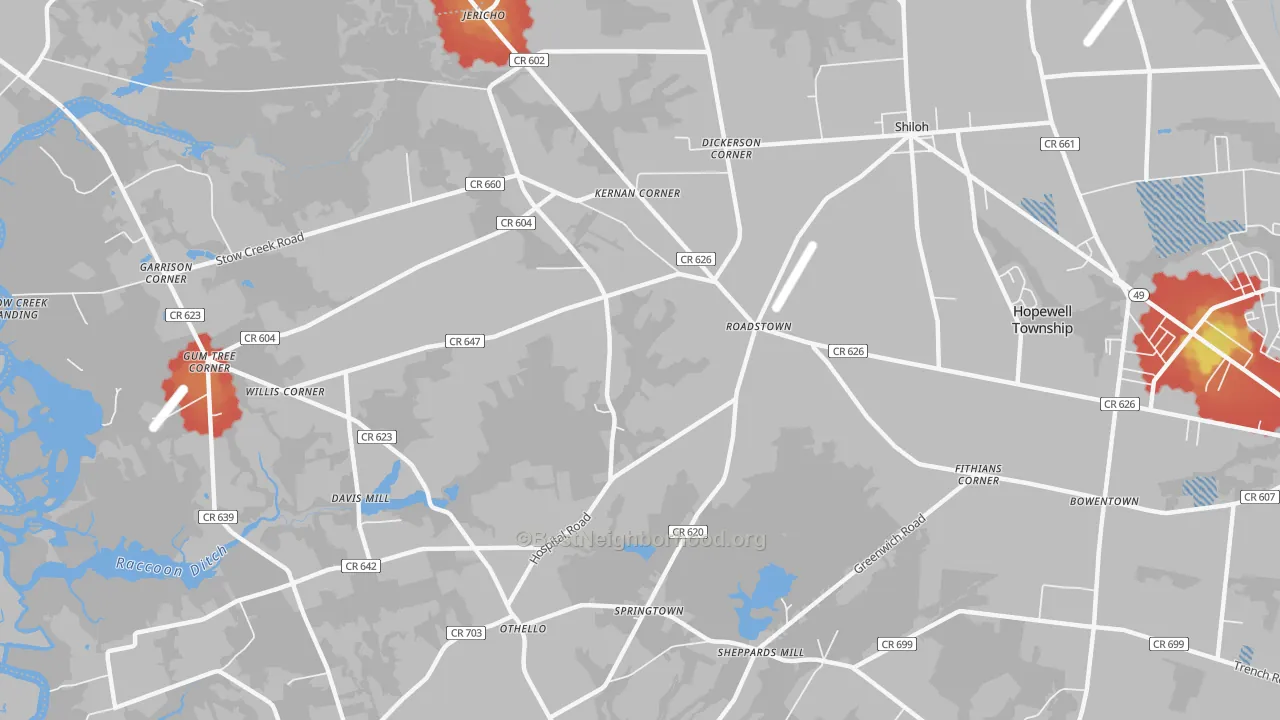 Walk Grade map of Roadstown, NJ, walkable areas in green and car-dependent areas in red