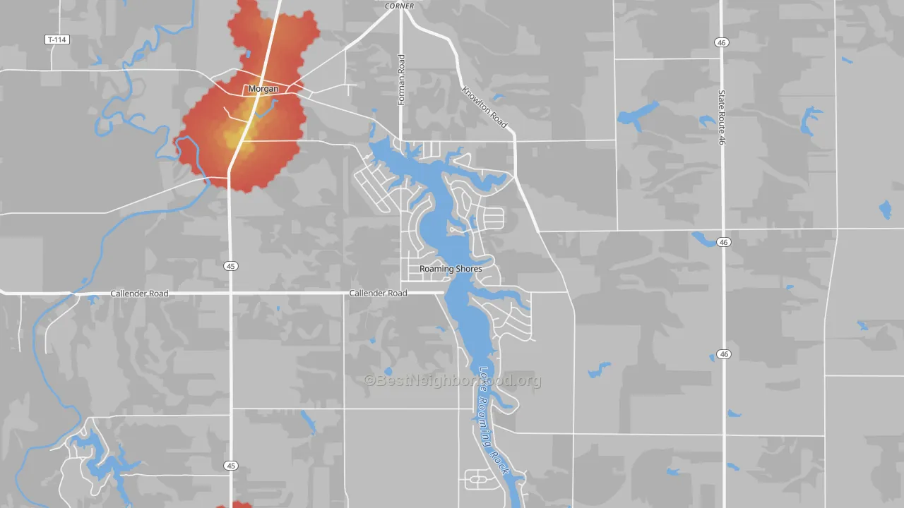 Walk Grade map of Roaming Shores, OH, walkable areas in green and car-dependent areas in red