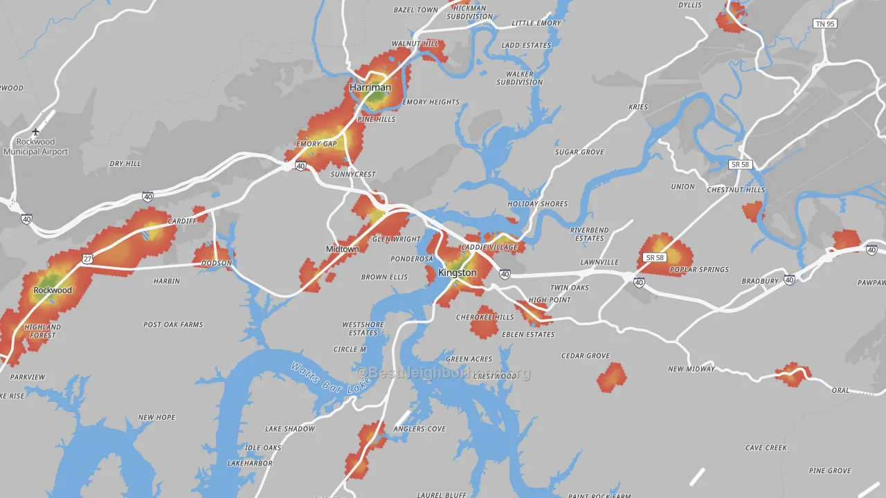 Walk Grade map of Roane County, TN, walkable areas in green and car-dependent areas in red