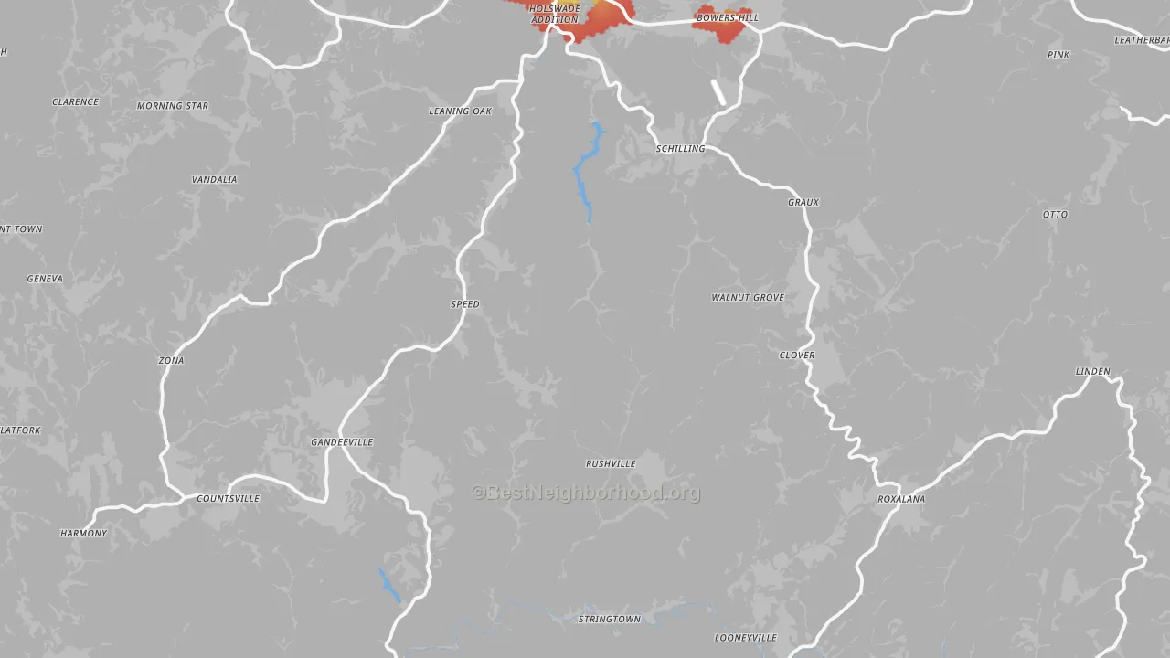 Walk Grade map of Roane County, WV, walkable areas in green and car-dependent areas in red