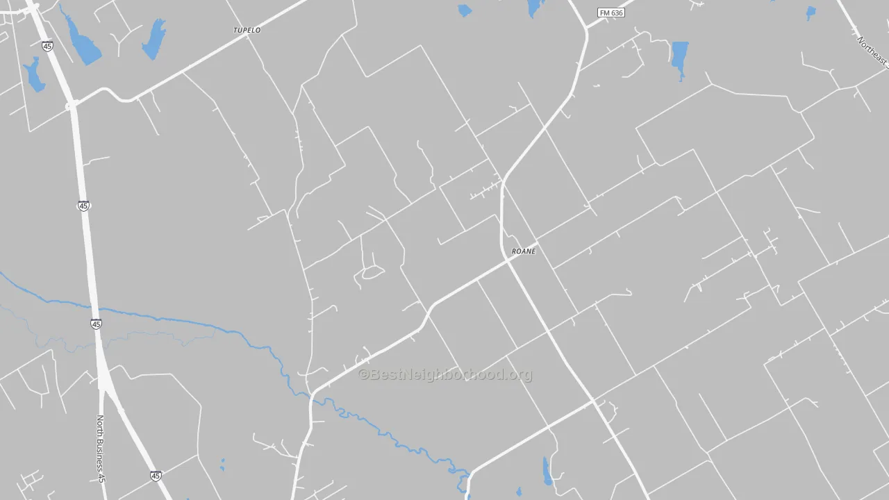 Walk Grade map of Roane, TX, walkable areas in green and car-dependent areas in red