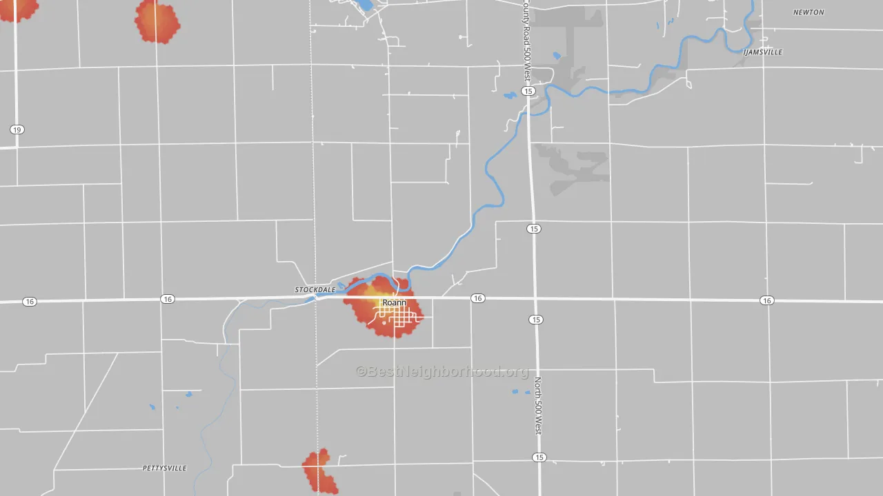 Walk Grade map of Roann, IN, walkable areas in green and car-dependent areas in red