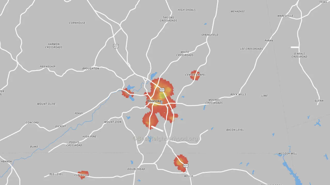 Walk Grade map of Roanoke, AL, walkable areas in green and car-dependent areas in red
