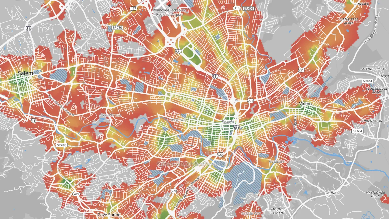 Walk Grade map of Roanoke City, VA, walkable areas in green and car-dependent areas in red