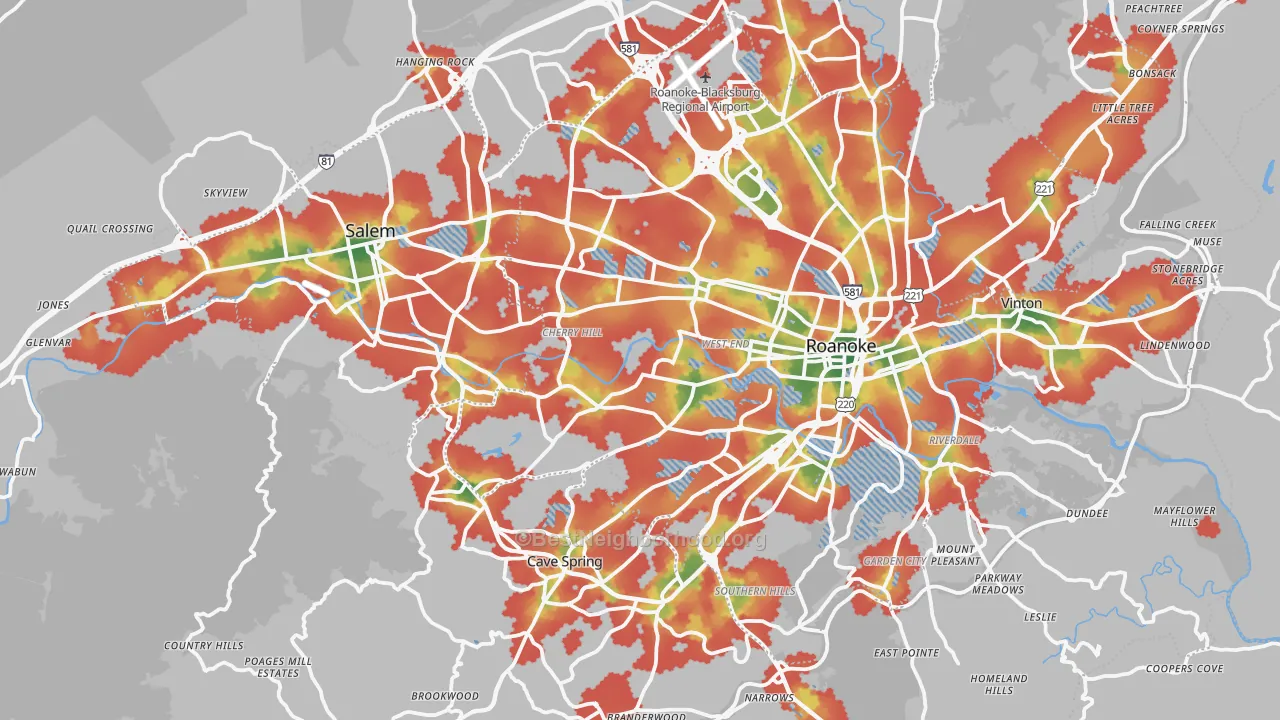 Walk Grade map of Roanoke County, VA, walkable areas in green and car-dependent areas in red