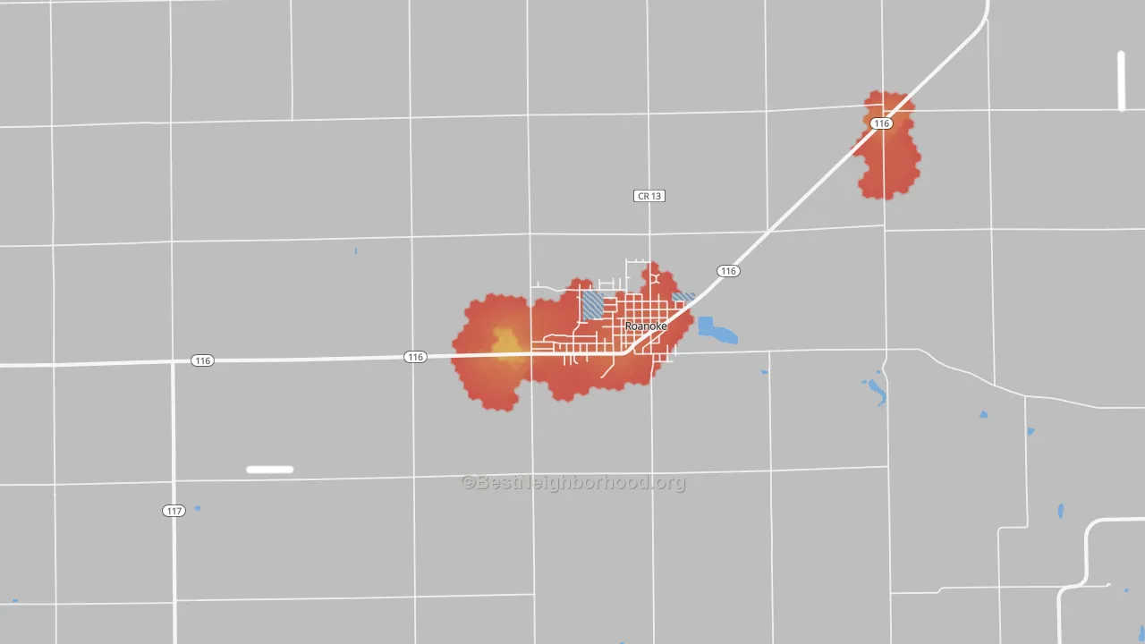 Walk Grade map of Roanoke, IL, walkable areas in green and car-dependent areas in red