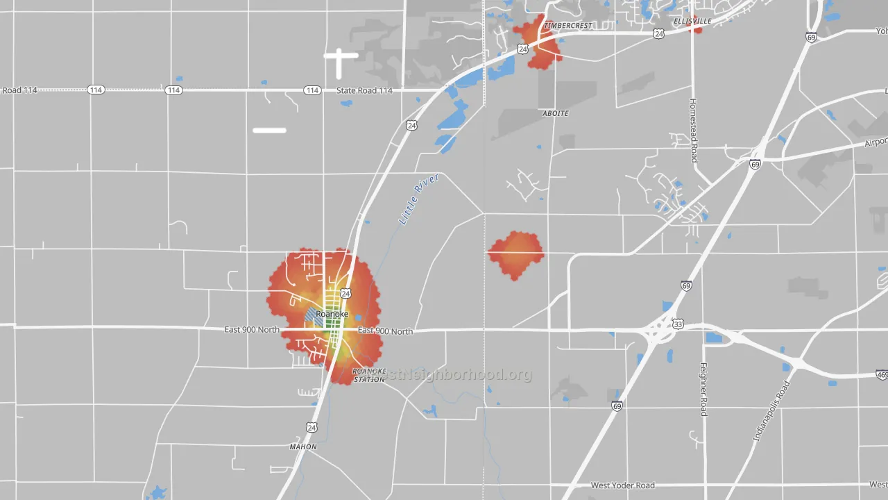 Walk Grade map of Roanoke, IN, walkable areas in green and car-dependent areas in red