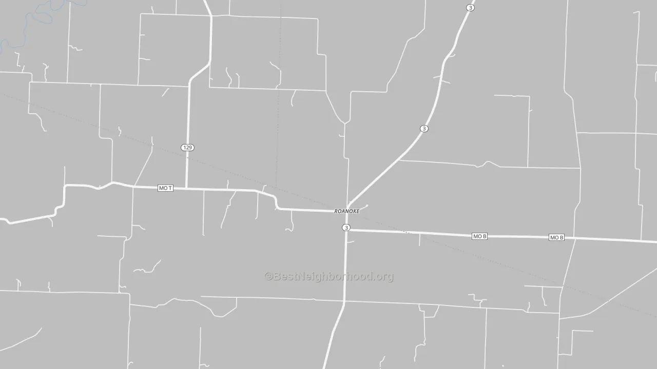 Walk Grade map of Roanoke, MO, walkable areas in green and car-dependent areas in red