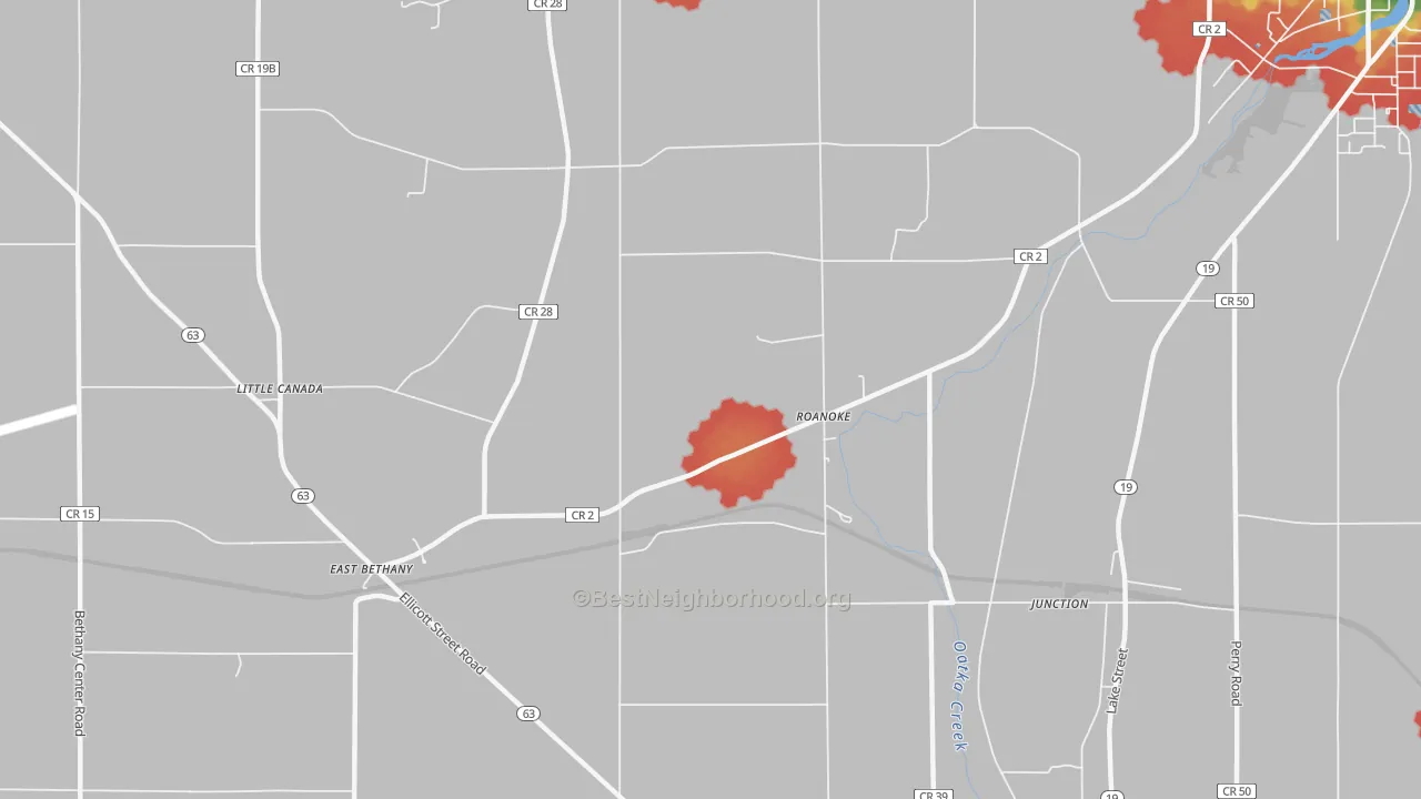 Walk Grade map of Roanoke, NY, walkable areas in green and car-dependent areas in red