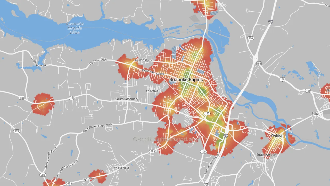 Walk Grade map of Roanoke Rapids, NC, walkable areas in green and car-dependent areas in red