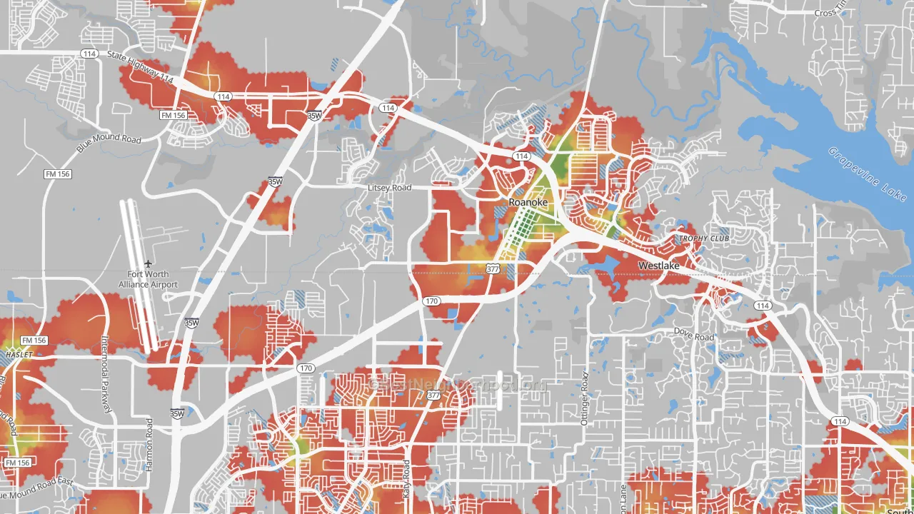 Walk Grade map of Roanoke, TX, walkable areas in green and car-dependent areas in red