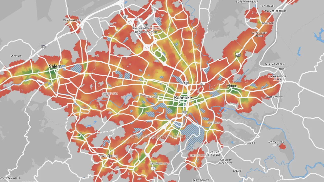 Walk Grade map of Roanoke, VA, walkable areas in green and car-dependent areas in red