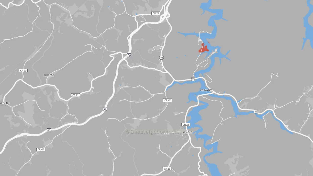 Walk Grade map of Roanoke, WV, walkable areas in green and car-dependent areas in red