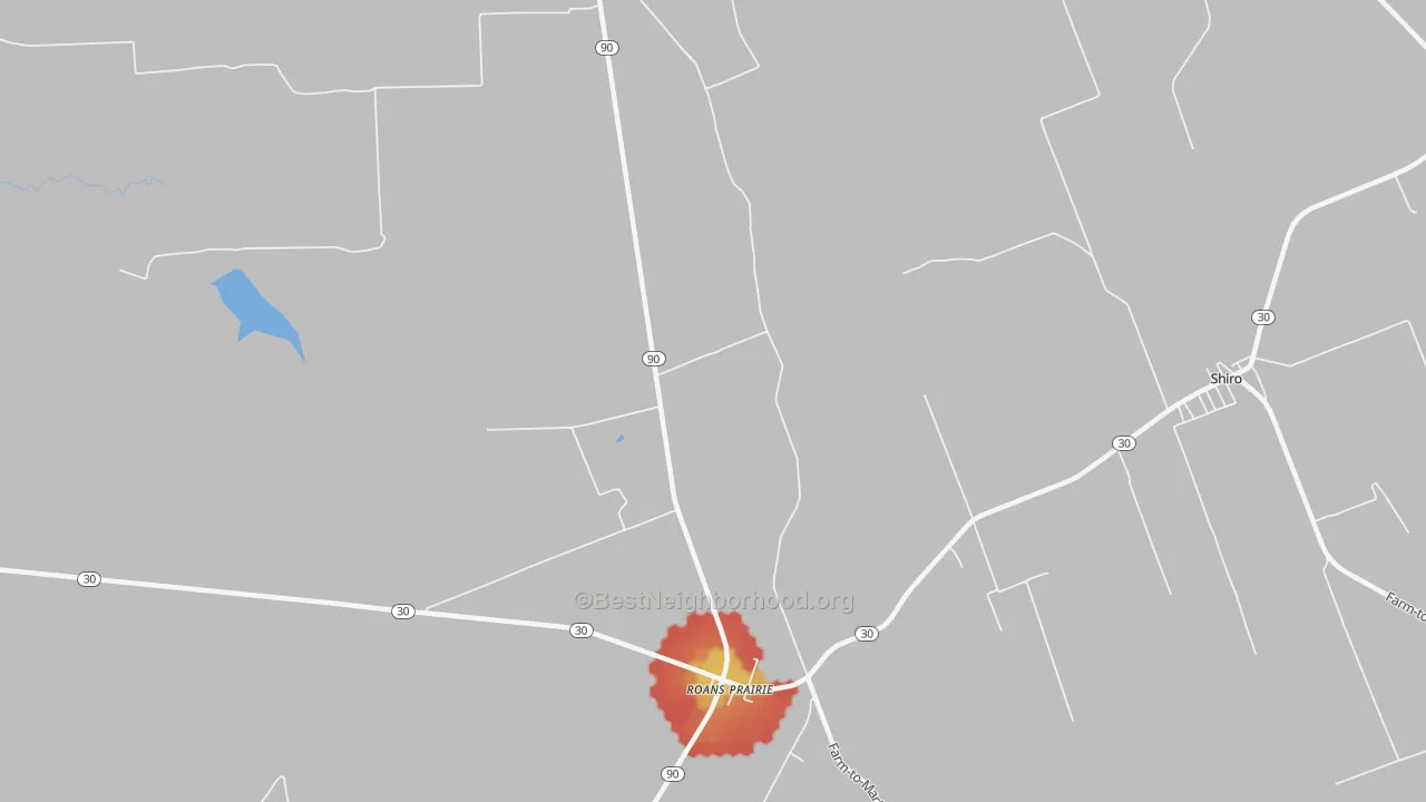 Walk Grade map of Roans Prairie, TX, walkable areas in green and car-dependent areas in red