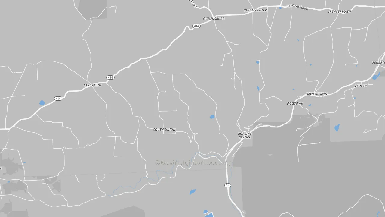 Walk Grade map of Roaring Branch, PA, walkable areas in green and car-dependent areas in red