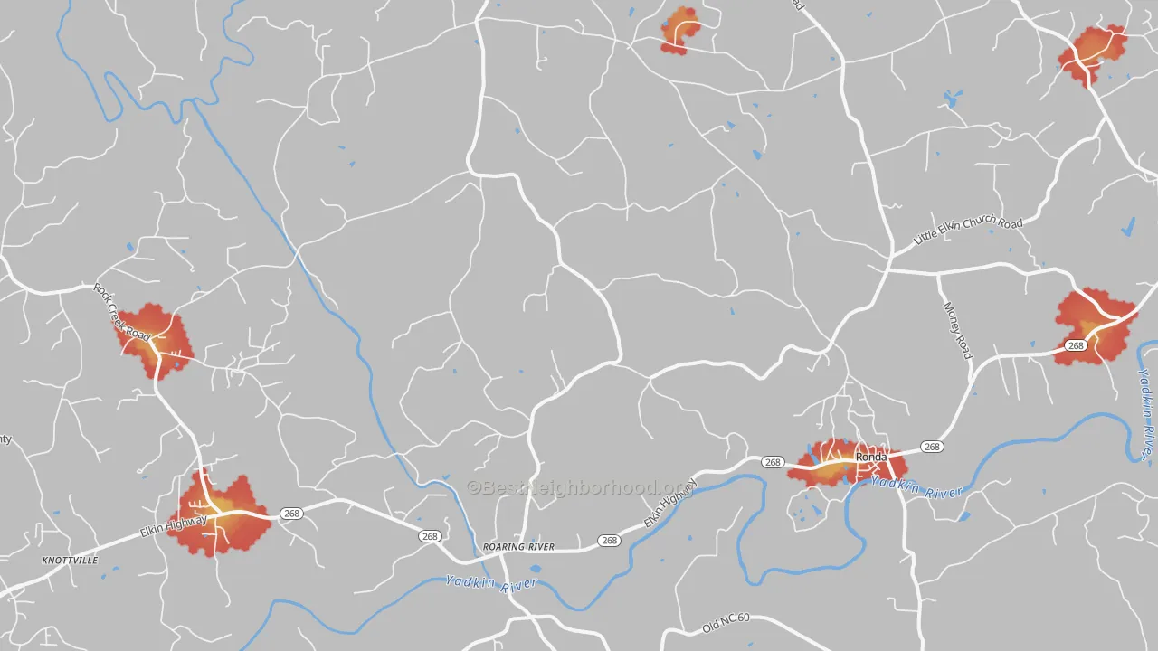 Walk Grade map of Roaring River, NC, walkable areas in green and car-dependent areas in red