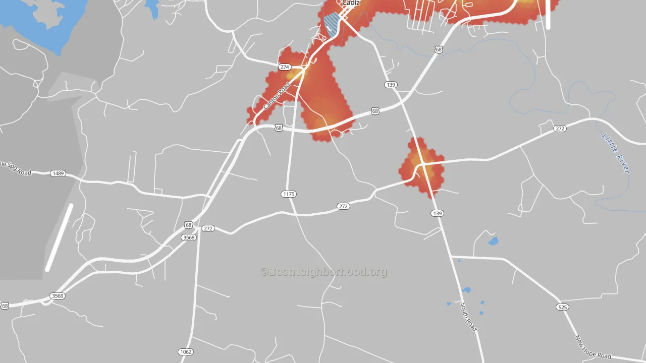 Walk Grade map of Roaring Spring, KY, walkable areas in green and car-dependent areas in red