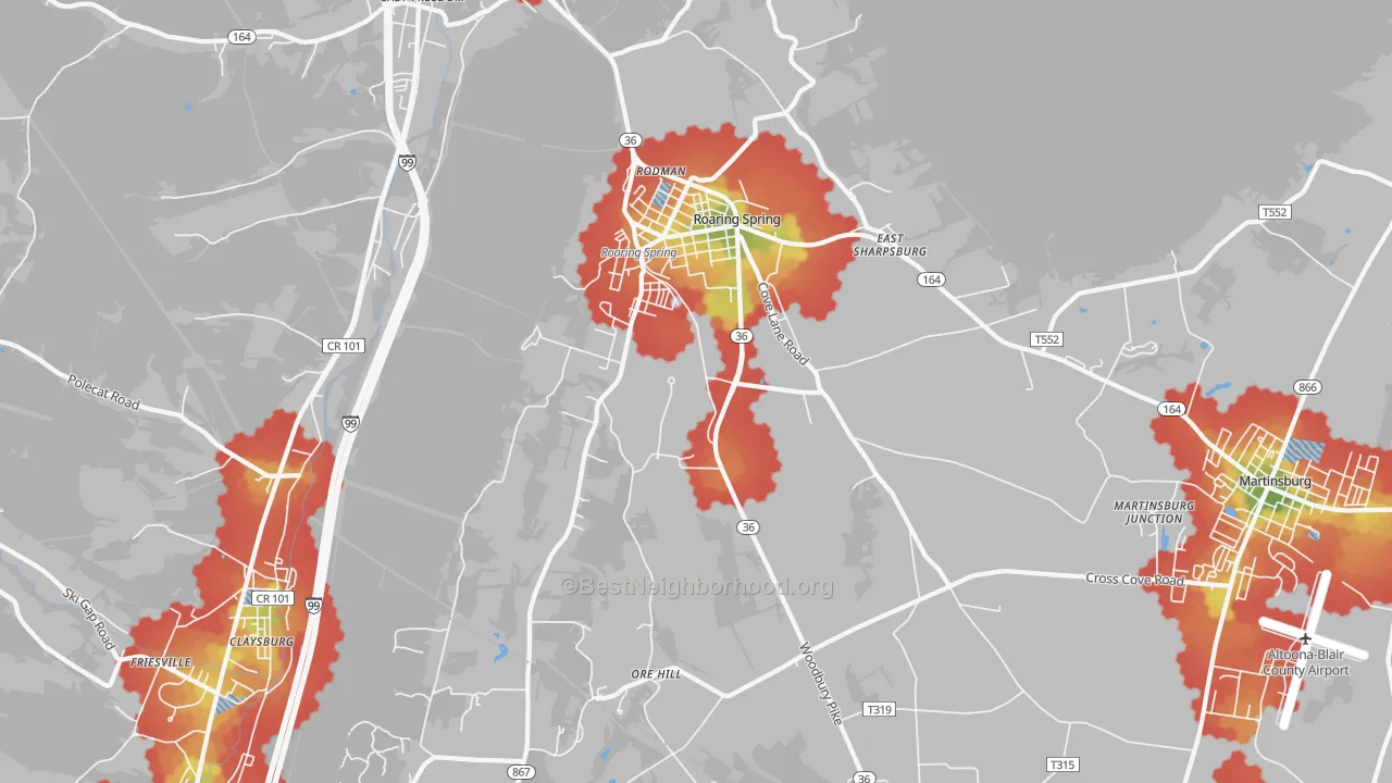 Walk Grade map of Roaring Spring, PA, walkable areas in green and car-dependent areas in red