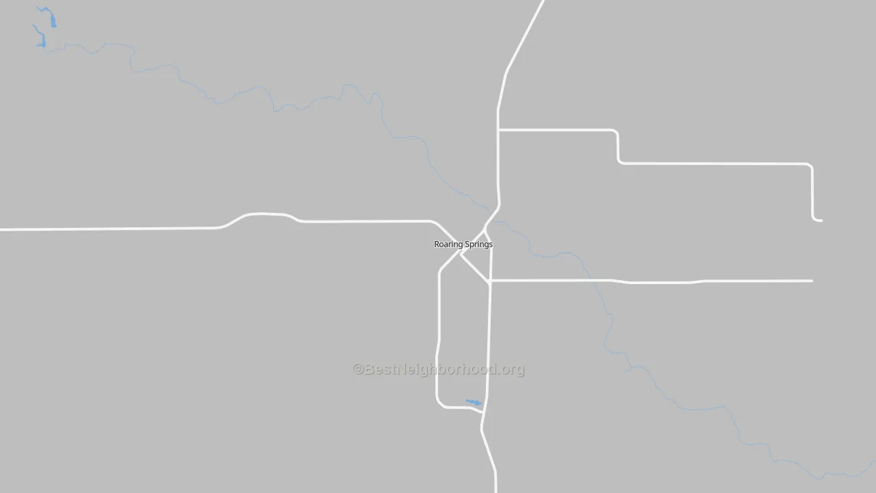 Walk Grade map of Roaring Springs, TX, walkable areas in green and car-dependent areas in red