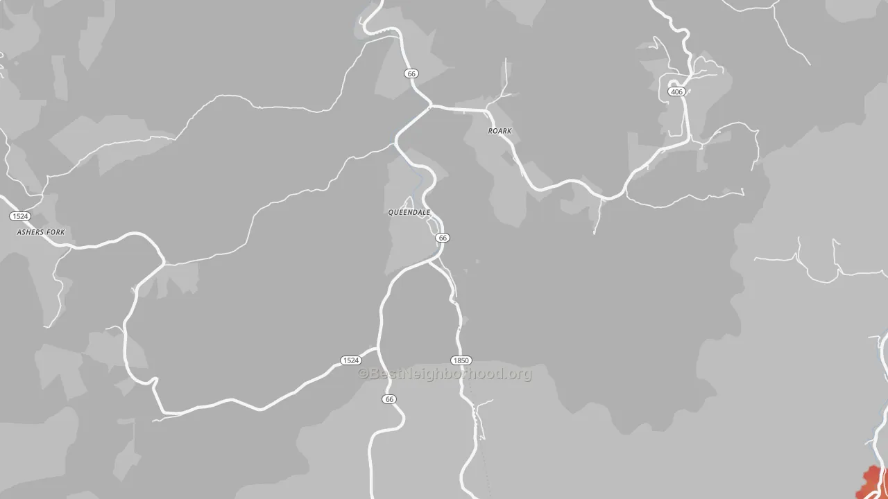 Walk Grade map of Roark, KY, walkable areas in green and car-dependent areas in red