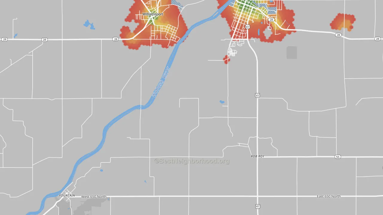 Walk Grade map of Rob Roy, IN, walkable areas in green and car-dependent areas in red