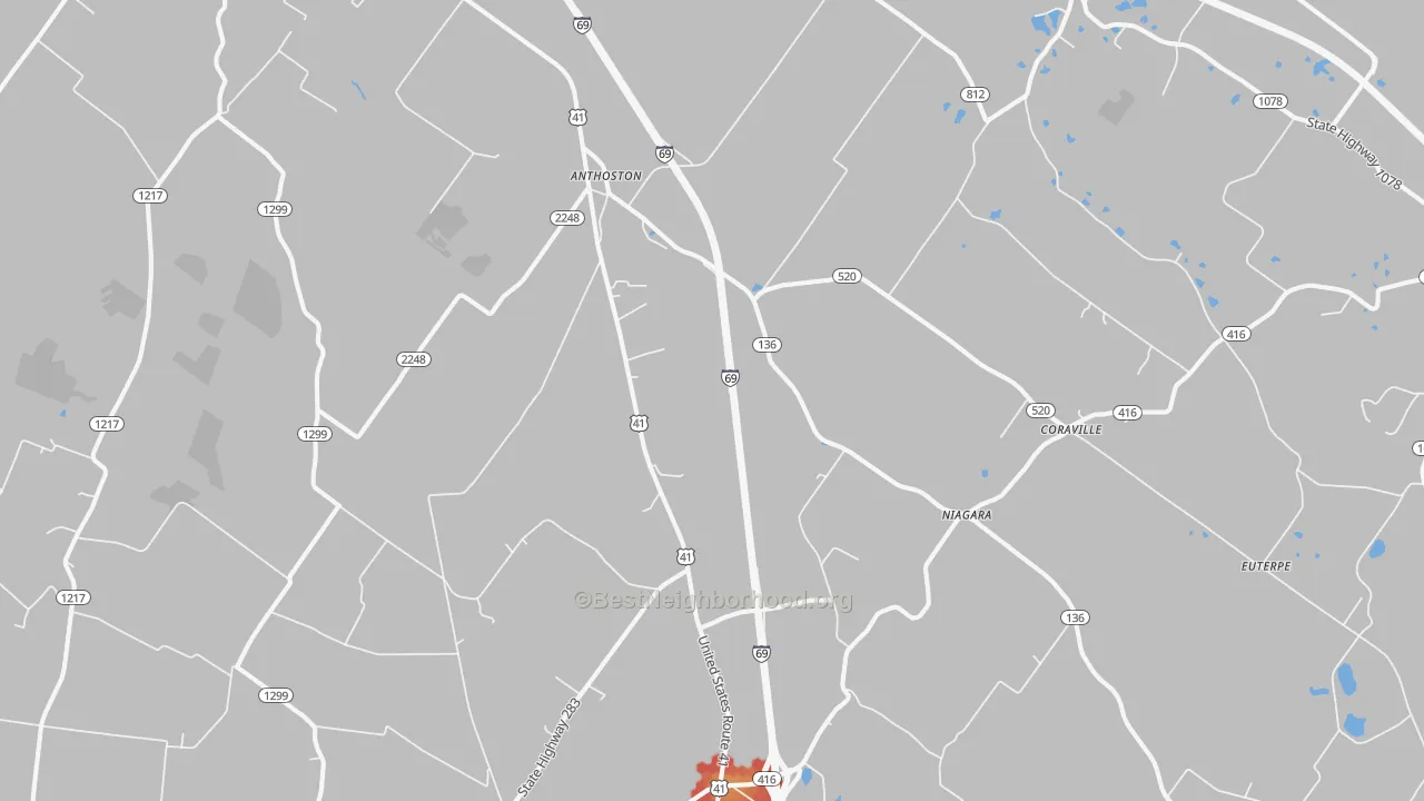 Walk Grade map of Robards, KY, walkable areas in green and car-dependent areas in red