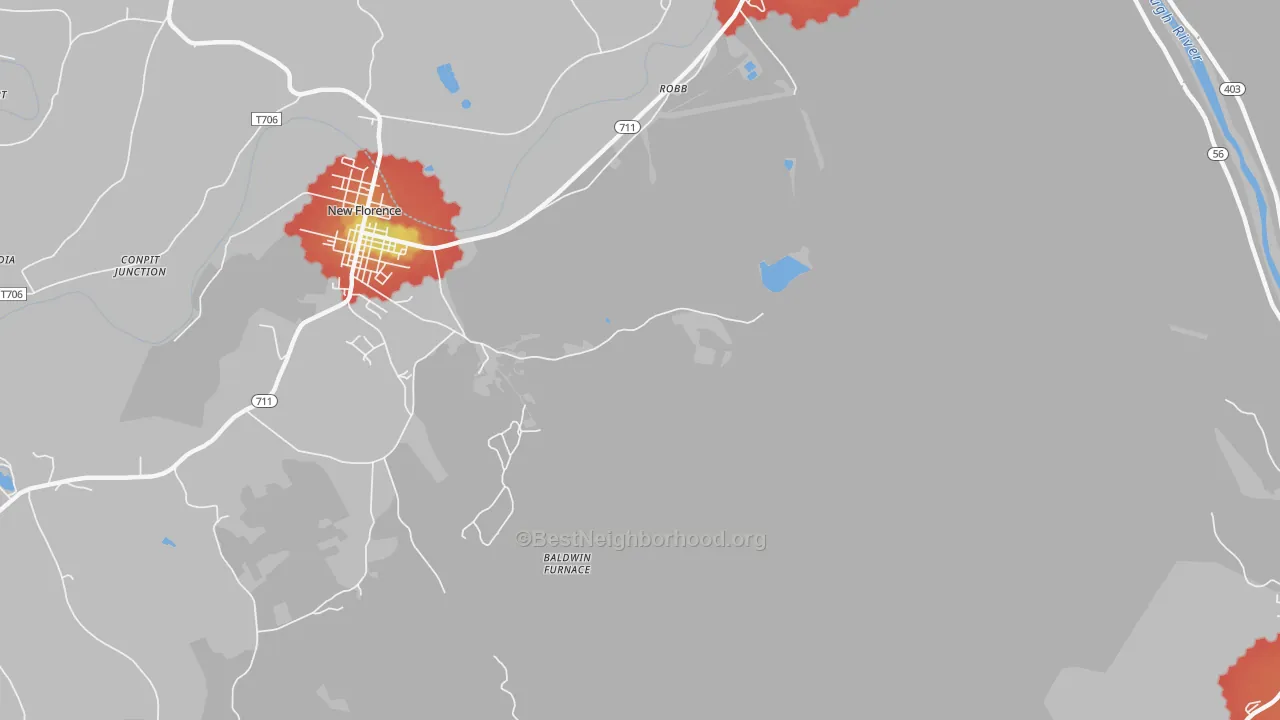 Walk Grade map of Robb, PA, walkable areas in green and car-dependent areas in red