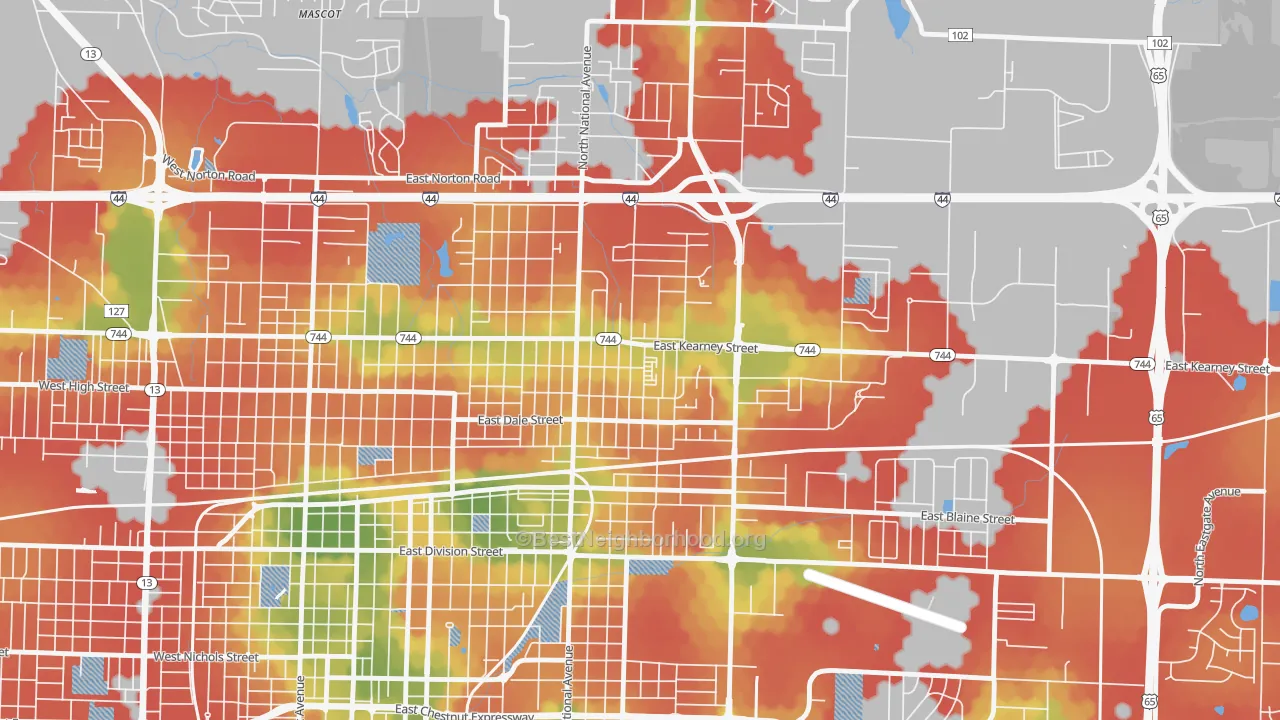 Walk Grade map of Robberson, Springfield, MO, walkable areas in green and car-dependent areas in red
