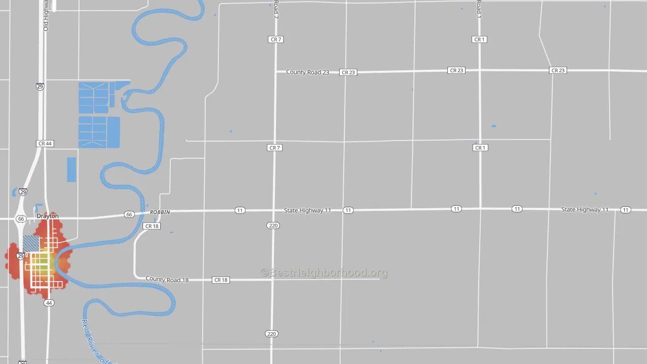 Walk Grade map of Robbin, MN, walkable areas in green and car-dependent areas in red