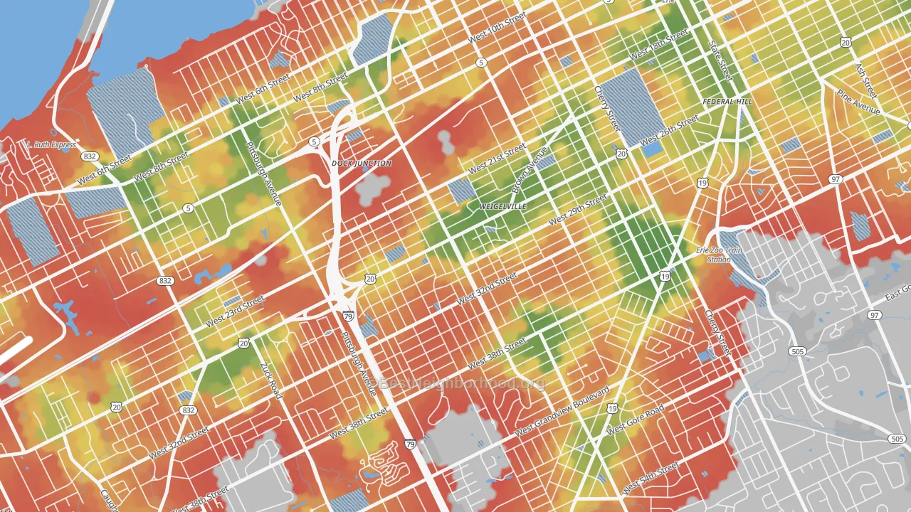 Walk Grade map of Robbins Blass, Erie, PA, walkable areas in green and car-dependent areas in red